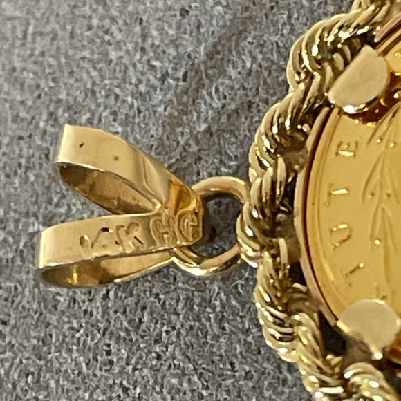 Solid 24K Yellow Gold Coin Raphael Angel & 14K Bezel Pendant Neck Chain Necklace - Picture 8 of 15